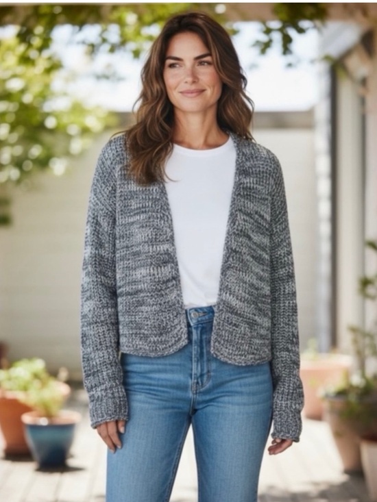 J. Jill Sweaters - J. Jill Marled Blue Charcoal Cotton Cardigan Large Open Front Chunky Knit Cozy